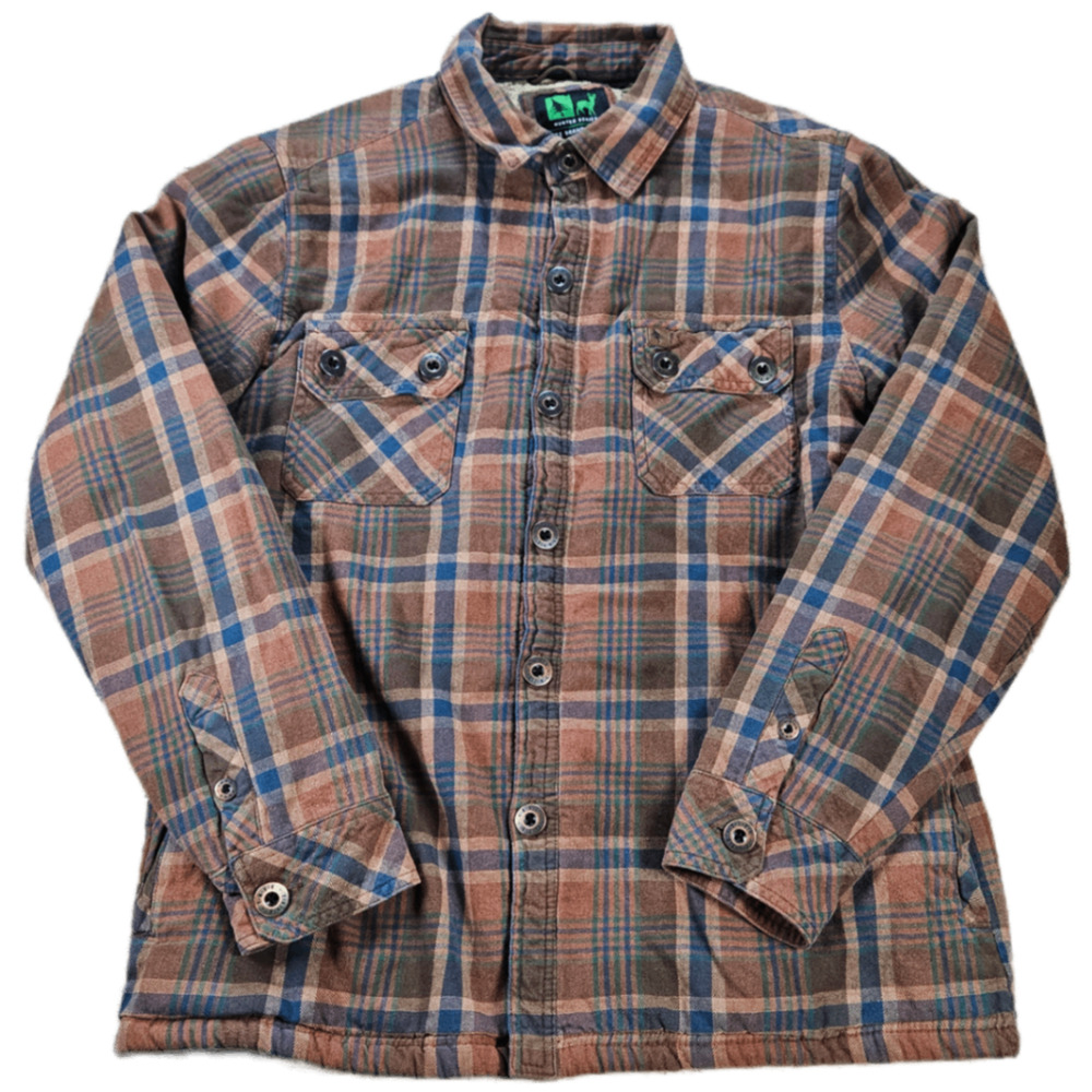 TREE BRAND GOODS Men's M Brown Blue Plaid Flannel Shirt Jacket Cotton Sherpa